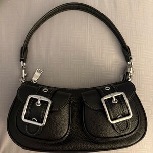 Coach Black Leather Shoulder Bag with Silver Buckles